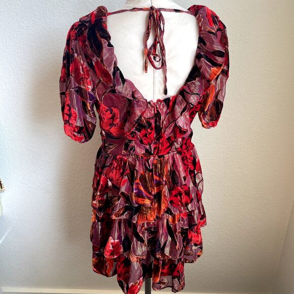 Adelyn Rae Khalia Burnout Red gold Velvet ruffle dress Mini Dress Womens Medium - Picture 7 of 12